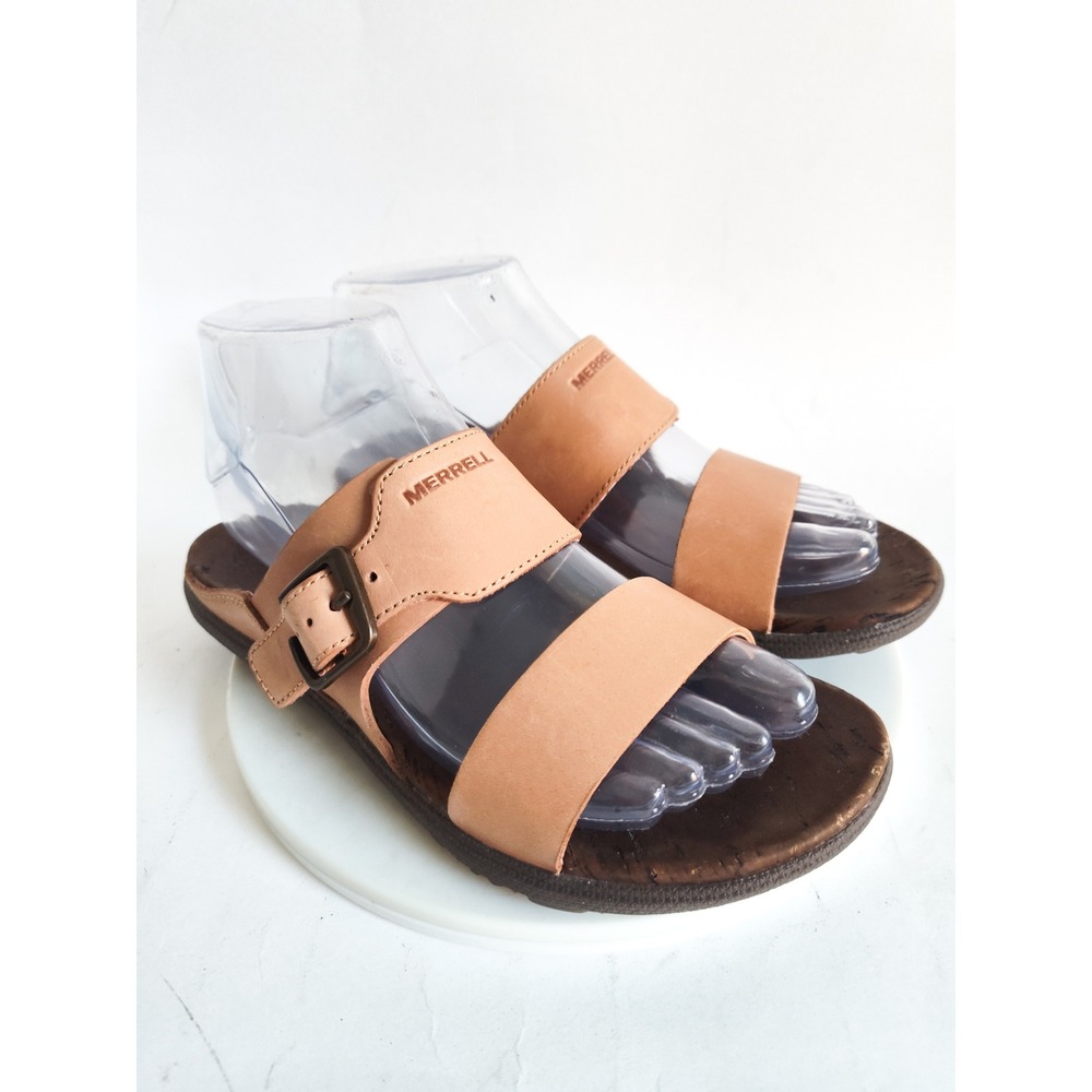 Merrell Leather Slides Sandals 6 Tan Brown Buckle Two Strap Boho Outdoor Trail